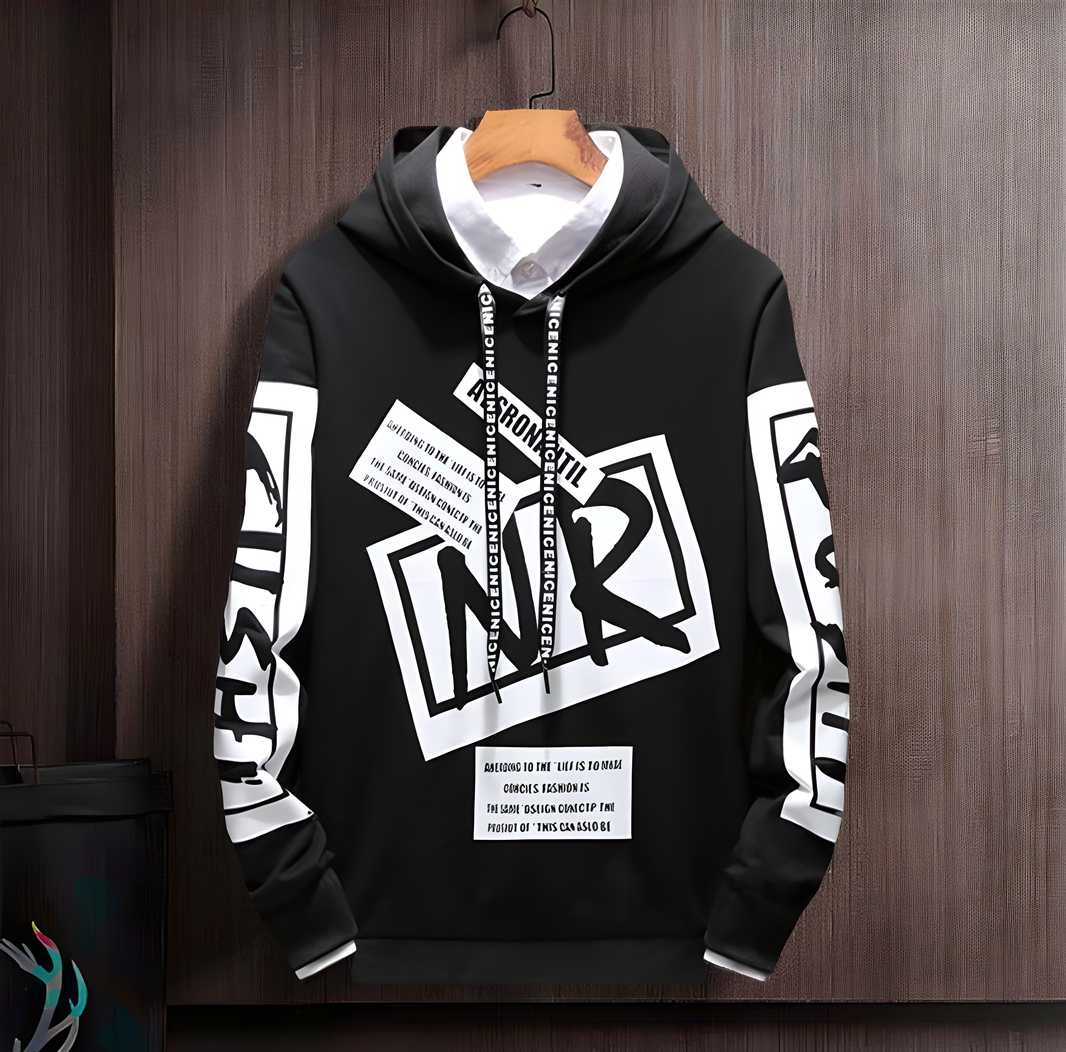 Cotton Blend Printed Full Sleeves Mens Hooded Neck T-Shirt - VAYARA