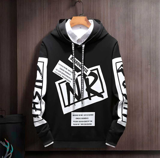 Cotton Blend Printed Full Sleeves Mens Hooded Neck T-Shirt - VAYARA
