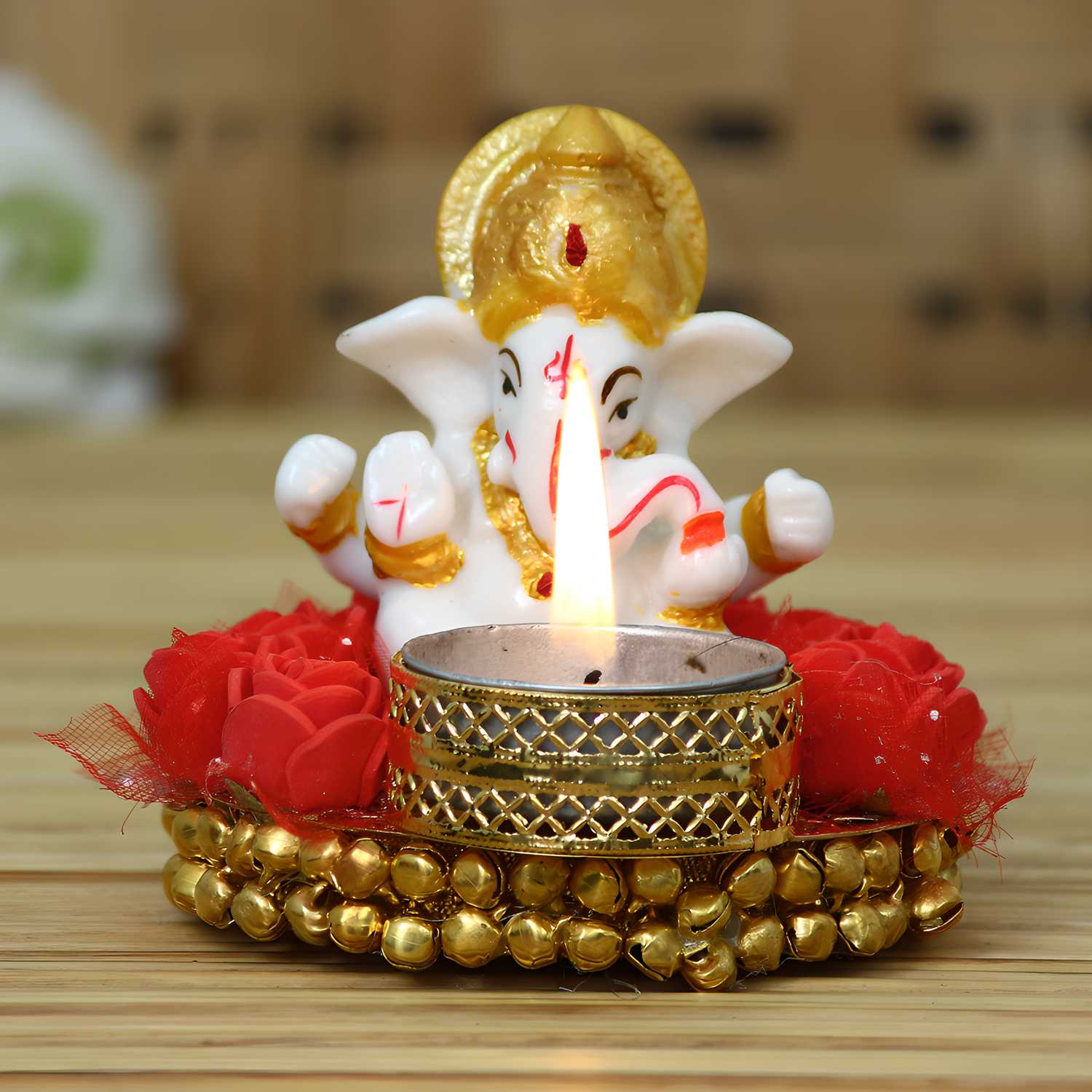 eCraftIndia Lord Ganesha Idol on Decorative Plate with Tea Light Holder - VAYARA