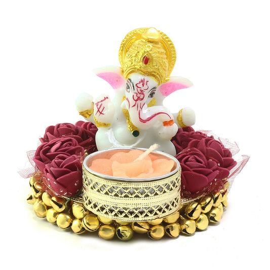 eCraftIndia Lord Ganesha Idol on Decorative Plate with Tea Light Holder - VAYARA