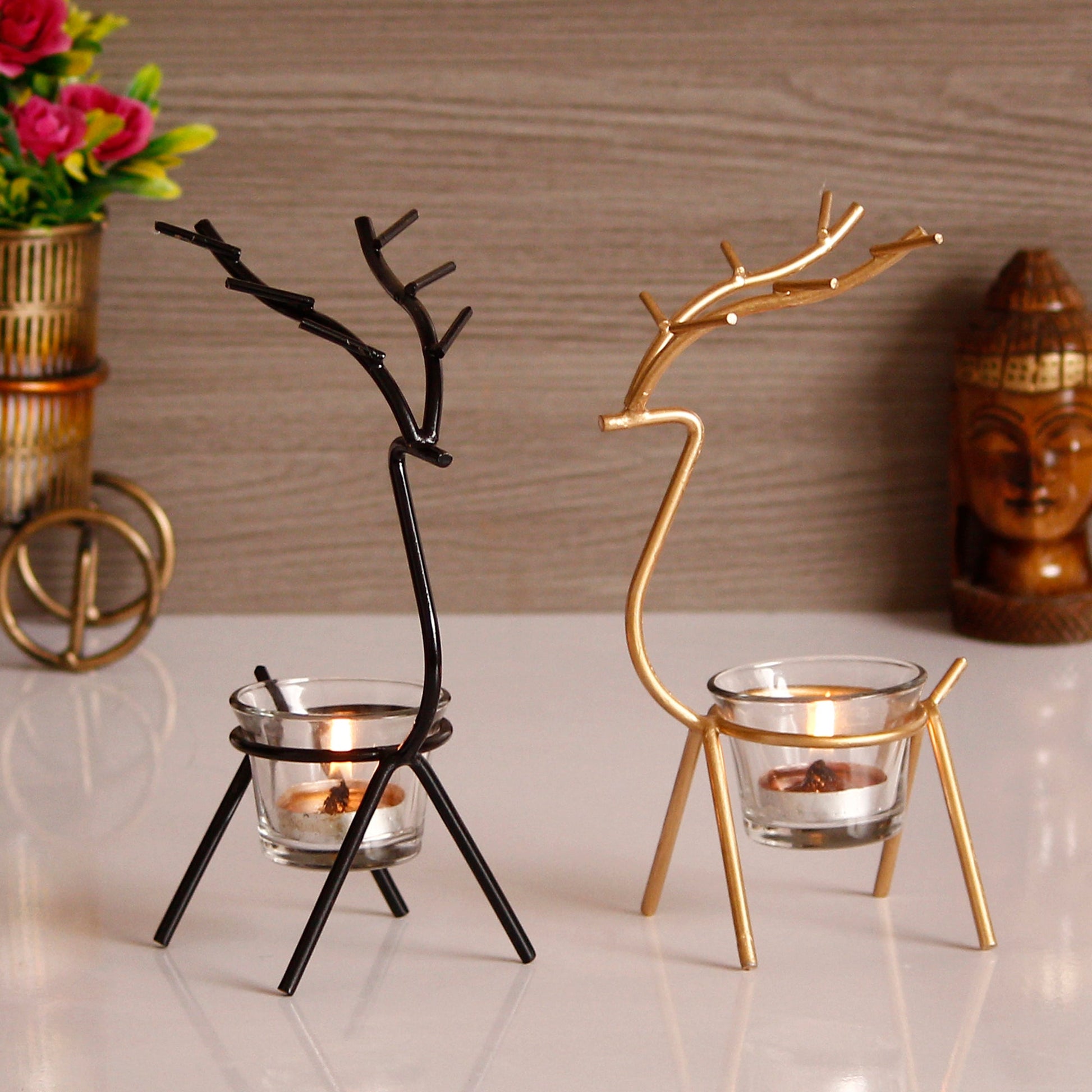 eCraftIndia Set of 2 Deer Shape Decorative Handcrafted Metal Tea Light Holder - VAYARA