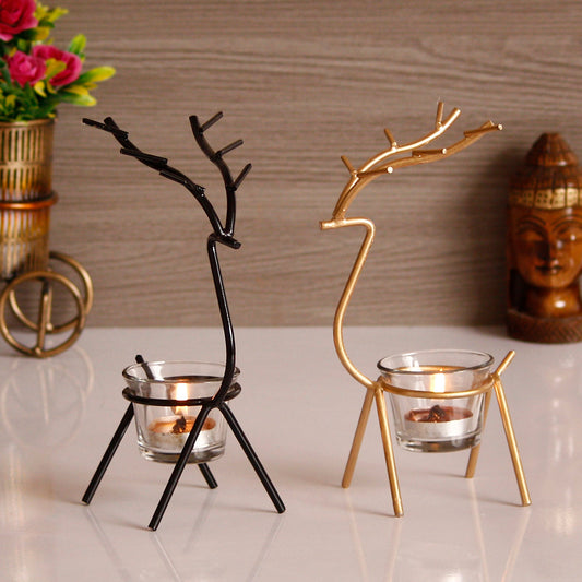 eCraftIndia Set of 2 Deer Shape Decorative Handcrafted Metal Tea Light Holder - VAYARA
