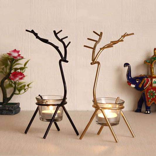 eCraftIndia Set of 2 Deer Shape Decorative Handcrafted Metal Tea Light Holder - VAYARA
