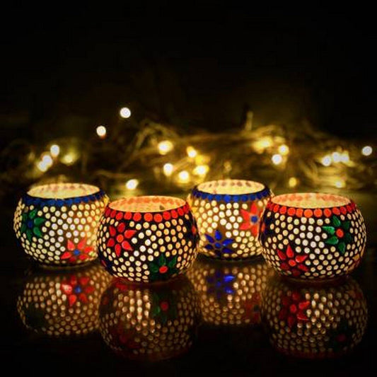 eCraftIndia Set of 4 Mosaic Glass Decorative Tea Light Holder - VAYARA