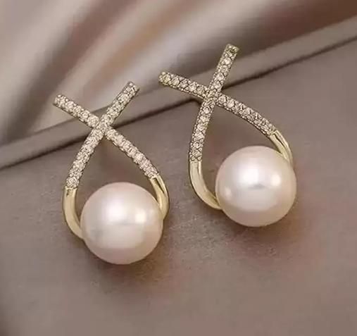Korean Studded Cross Pearl Stud Earrings - VAYARA