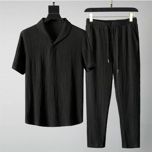 Men's Crinkled Co - Ord Set Black - VAYARA