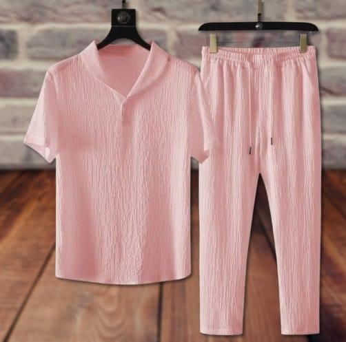 Men's Crinkled Co - Ord Set Peach - VAYARA