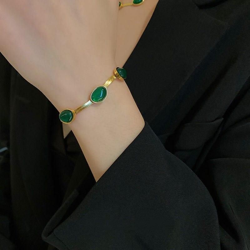 Oval Green Crystal Pendant Necklace Set With Bracelet - VAYARA