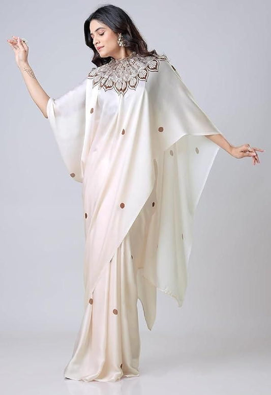 Satin Silk Printed Kaftan Saree With Unstitched Blouse - VAYARA