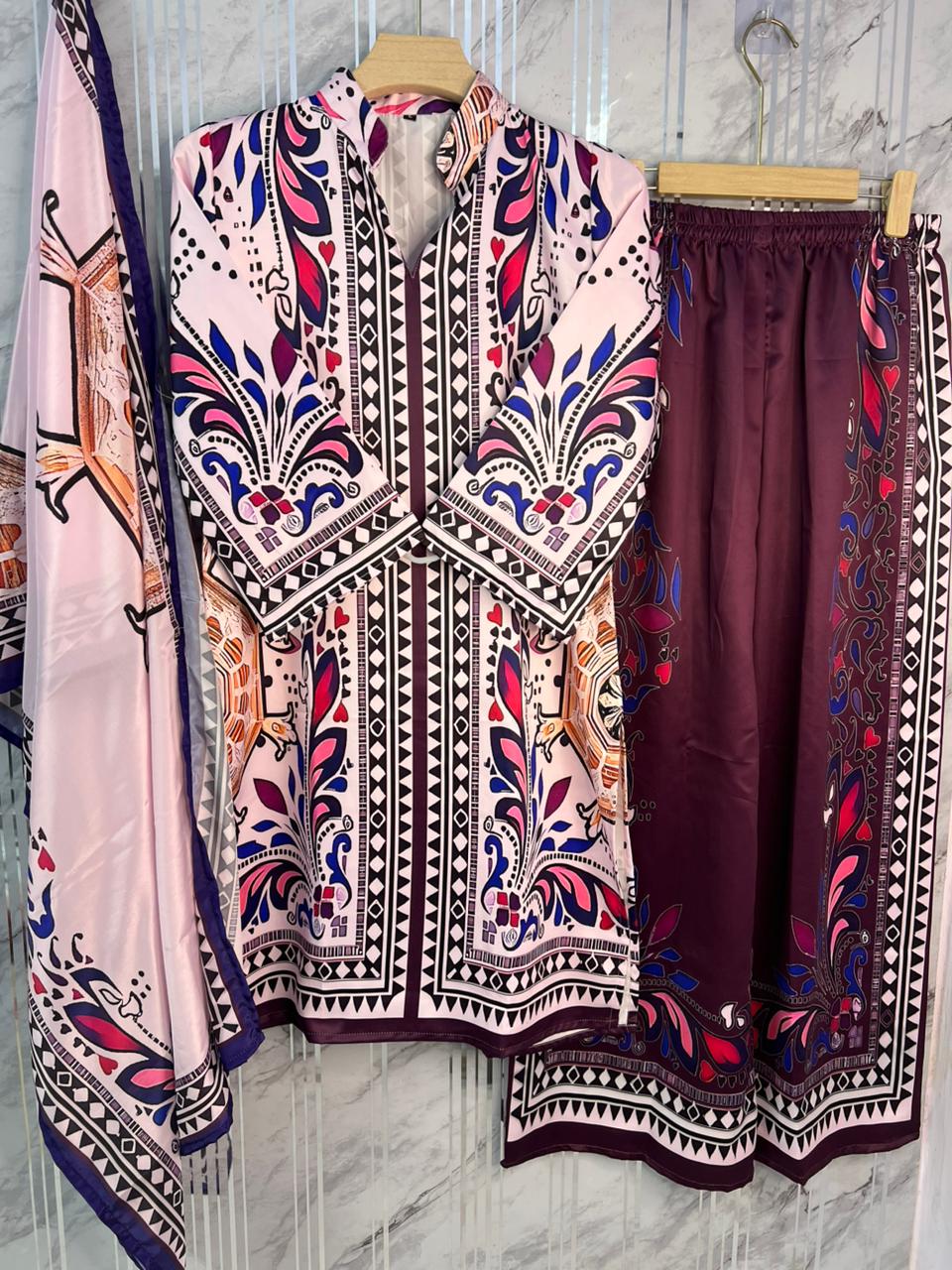 EXQUISITE BEAUTIFUL PRINTED CO-ORDS WITH PRINTED SILK CRAPE DUPATTA