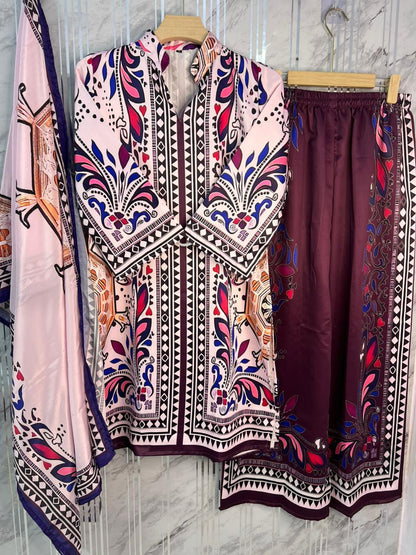 EXQUISITE BEAUTIFUL PRINTED CO-ORDS WITH PRINTED SILK CRAPE DUPATTA
