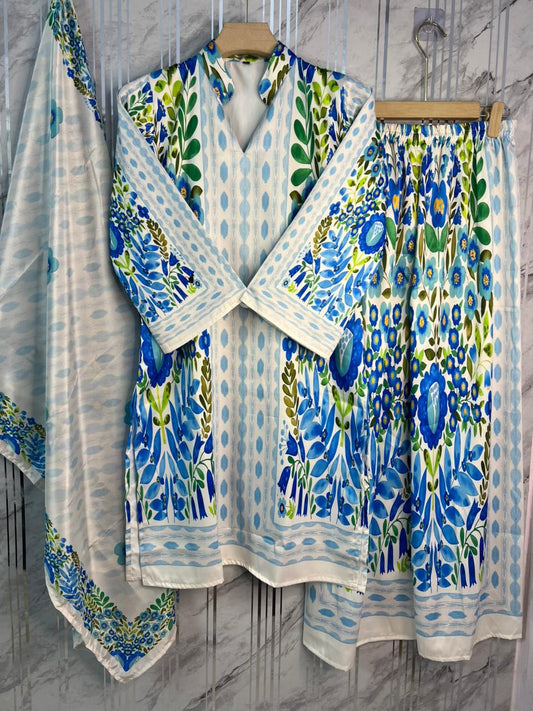 EXQUISITE BEAUTIFUL PRINTED CO-ORDS WITH PRINTED SILK CRAPE DUPATTA