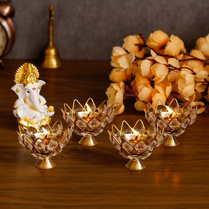 eCraftIndia Set of 4 Lotus Shape Crystal Tea Light Holder - VAYARA