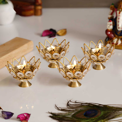 eCraftIndia Set of 4 Lotus Shape Crystal Tea Light Holder - VAYARA