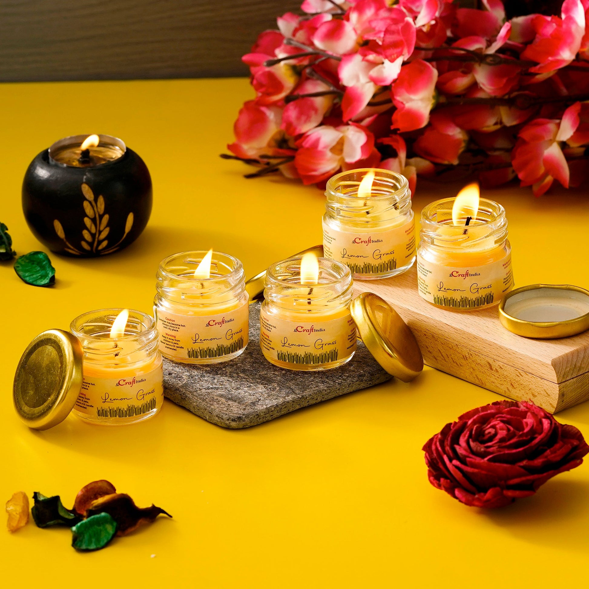 eCraftIndia Set of 5 Lemon Grass Scented Minijar Candle - VAYARA