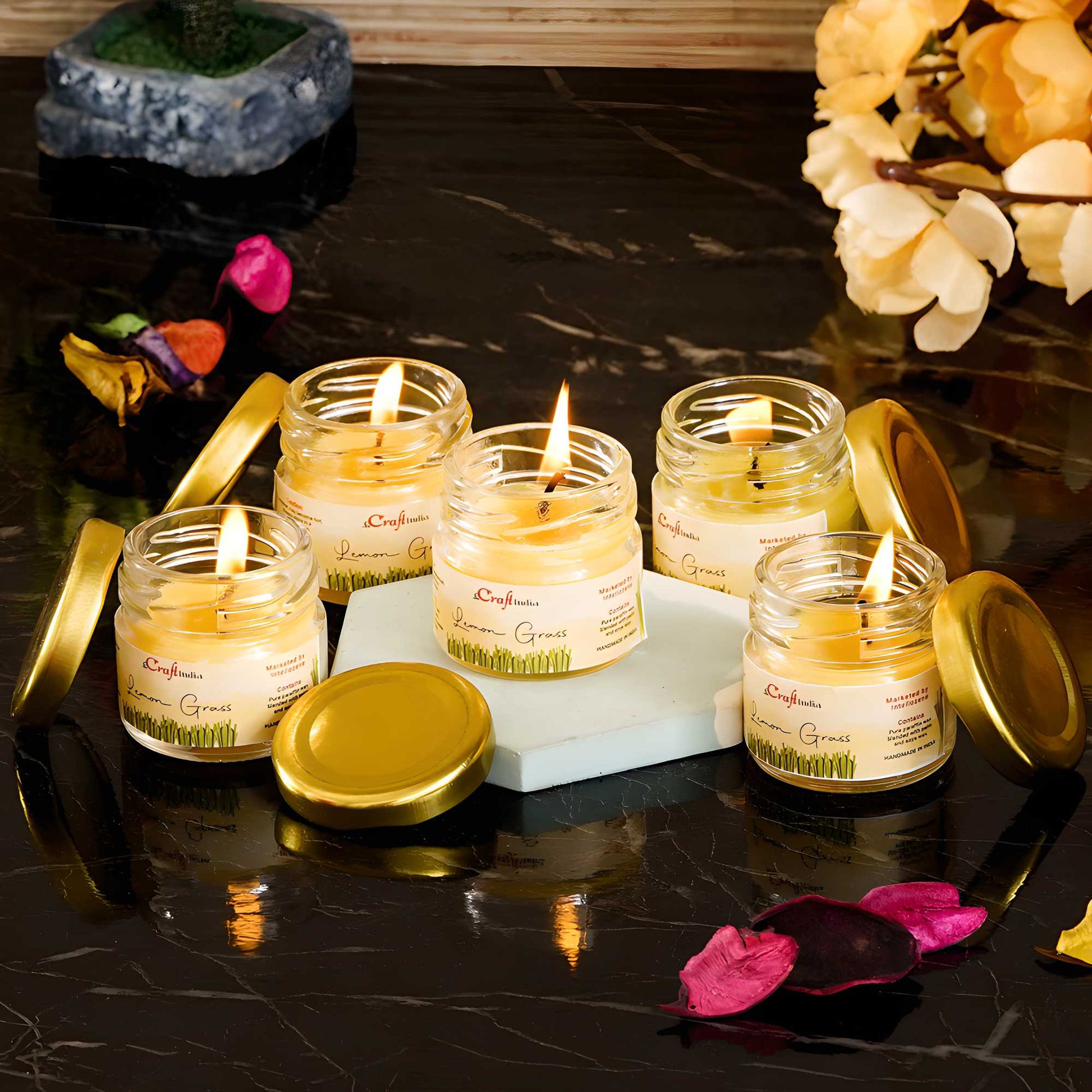 eCraftIndia Set of 5 Lemon Grass Scented Minijar Candle - VAYARA
