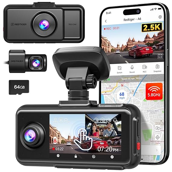EDTIGER A6 3 Channel Dash Cam, 4K Front + 1080P Dual Cam, 2.5K Front + 1080P Rear and Interior Triple Cam, 5G WiFi, GPS, 3" Touch Screen, Voice Control, Adjustable Cabin Camera, 64GB Card Included 0033 - VAYARA
