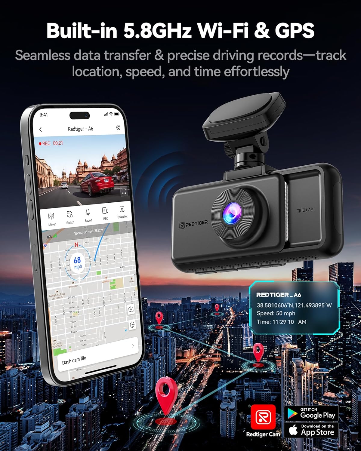 EDTIGER A6 3 Channel Dash Cam, 4K Front + 1080P Dual Cam, 2.5K Front + 1080P Rear and Interior Triple Cam, 5G WiFi, GPS, 3" Touch Screen, Voice Control, Adjustable Cabin Camera, 64GB Card Included 0033 - VAYARA