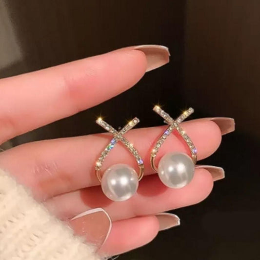 Korean Studded Cross Pearl Stud Earrings - VAYARA