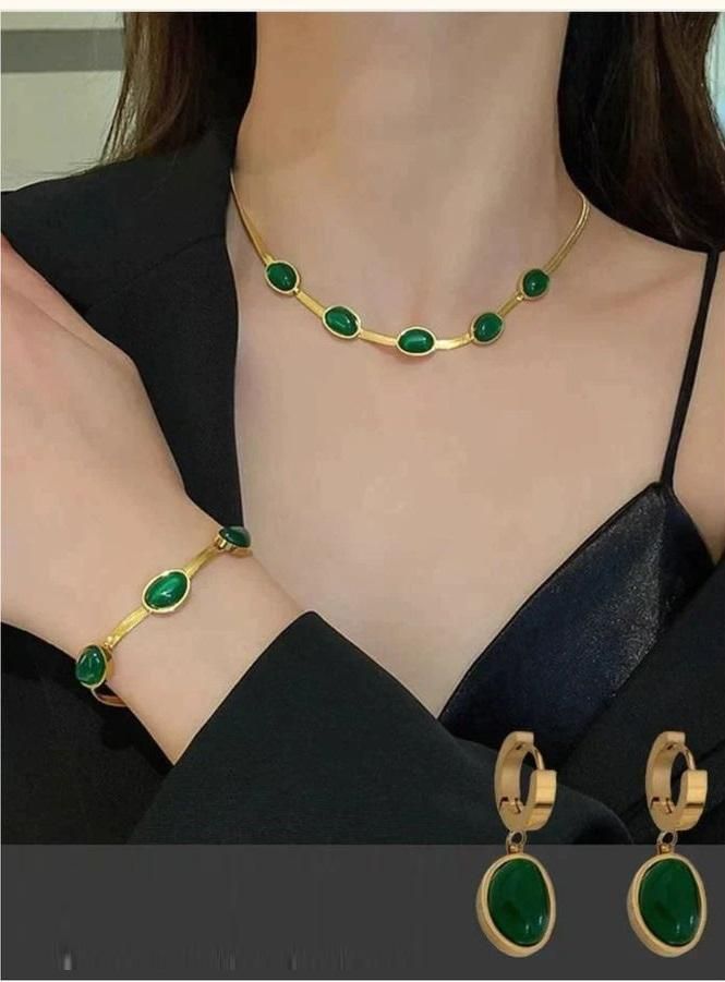 Oval Green Crystal Pendant Necklace Set With Bracelet - VAYARA