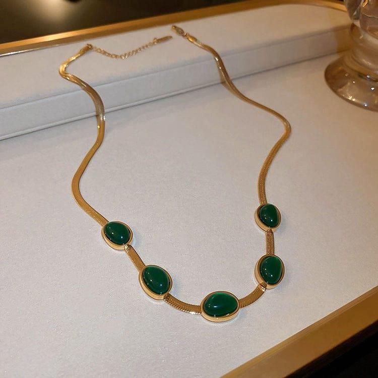 Oval Green Crystal Pendant Necklace Set With Bracelet - VAYARA