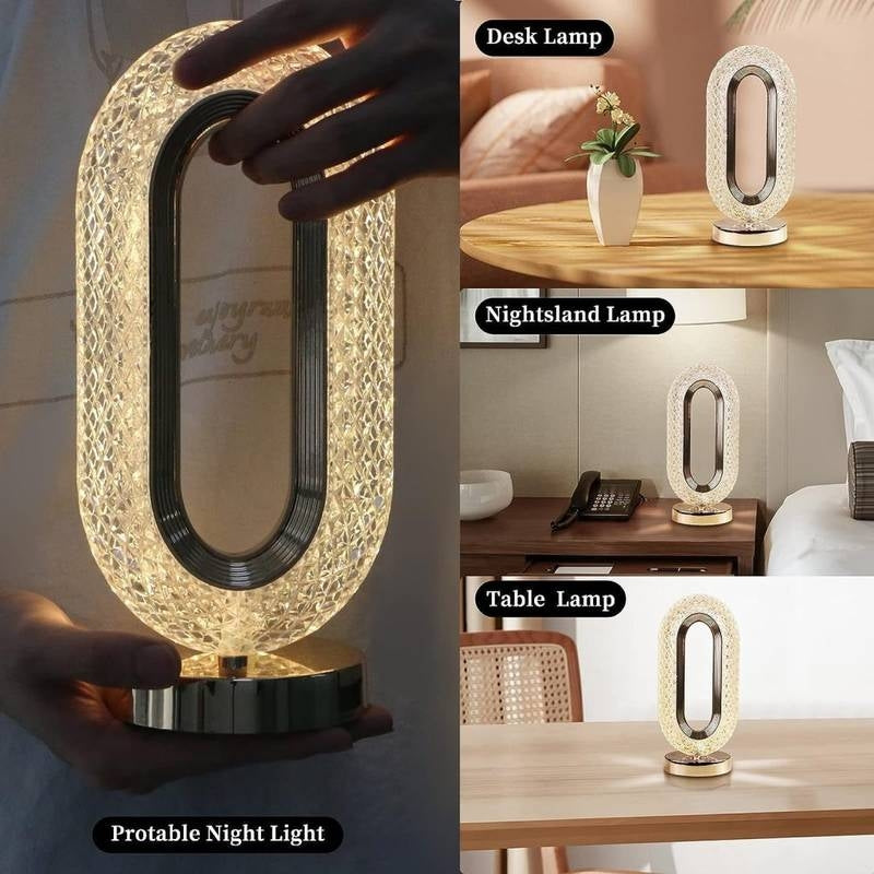 Oval Crystal Table Lamp – 3 Color Touch Control LED Lamp | Gold Crystal Ambient Light | Acrylic Diamond Lamp for Bedroom, Living Room & Gift