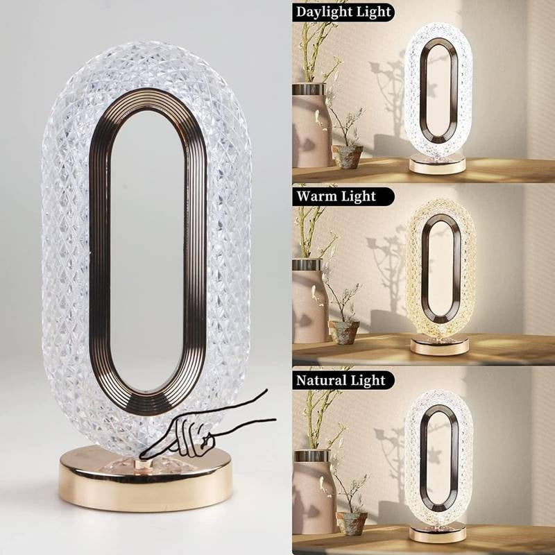 Oval Crystal Table Lamp – 3 Color Touch Control LED Lamp | Gold Crystal Ambient Light | Acrylic Diamond Lamp for Bedroom, Living Room & Gift