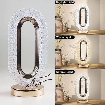 Oval Crystal Table Lamp – 3 Color Touch Control LED Lamp | Gold Crystal Ambient Light | Acrylic Diamond Lamp for Bedroom, Living Room & Gift